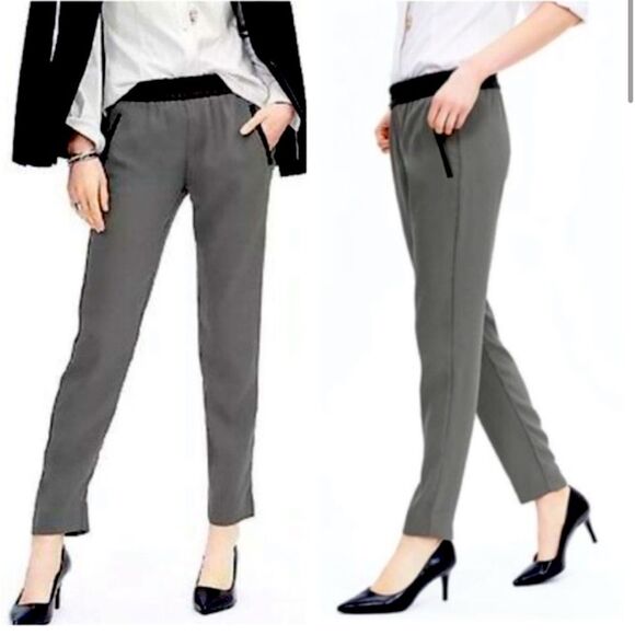 Banana Republic Drapey Crepe Pant Urban Gray Faux Leather Trim Women sz 10 Short - Picture 1 of 8